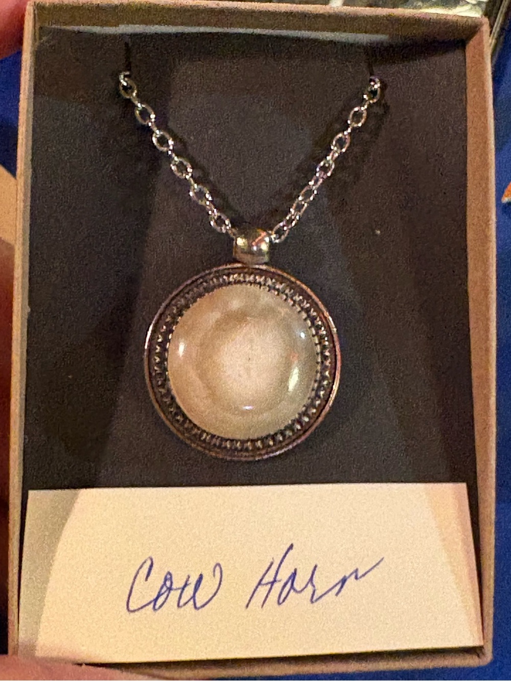 Handmade Cow Horn Pendant Necklace - Silver Tone Round Cabochon